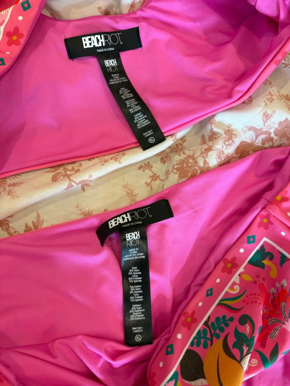 Beach Riot Hot Pink Bikini with Multicolor Paisley Trim - Picture 2 of 2